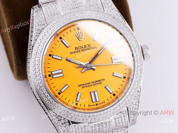 Swiss Quality Iced Out Rolex Oyster Perpetual 41 Wrist Yellow Dial Full Diamond Case