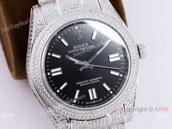 Swiss Quality Iced Out Rolex Oyster Perpetual 41mm Watch Full Diamond Case Black Dial