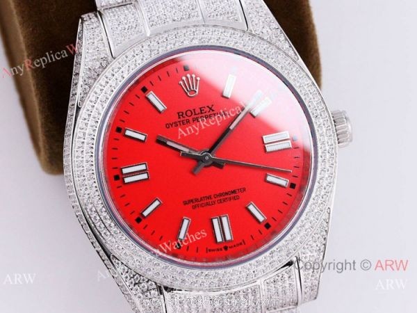 Swiss Quality Rolex Iced Out Oyster Perpetual 41 Copy Watch Coral Red Dial
