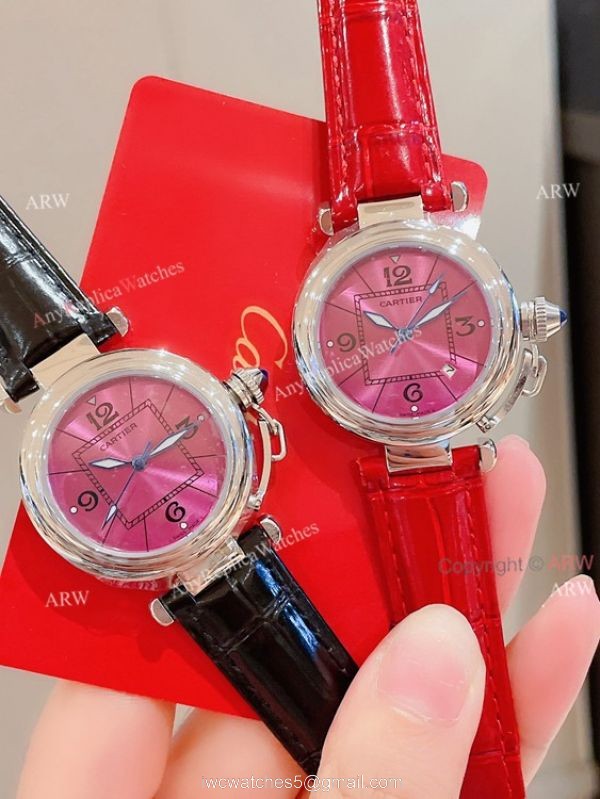 Knockoff Ladies Cartier Pasha Watch Fuchsia Dial Fuchsia Leather Strap