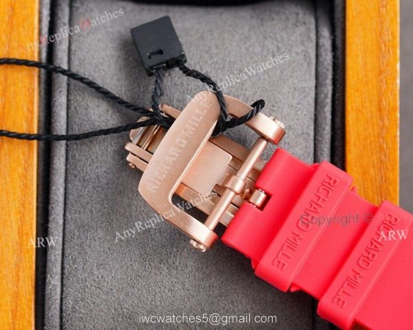 (RM Factory) Knockoff Richard Mille Rm010 Rose Gold Skeleton Watch Red Rubber Strap