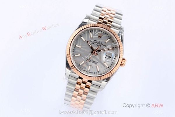 (EW)2021 New Rolex Datejust 36mm EWF 3235 Watch 2-Tone Rose Gold Gray Palm Dial AAA Replica