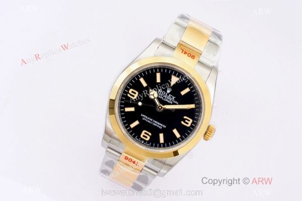 (EW Factory)Swiss Copy Rolex Explorer 36mm EWF 3230 904L Two Tone Black Dial Bracelet