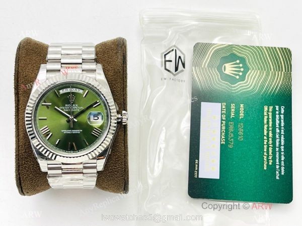 EW Factory V2 Rolex Day-Date 40 Replica Watch Olive Green dial Silver Presidential Swiss 3255 movement