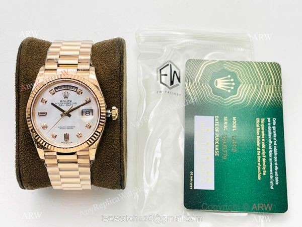 EW Factory V2 Super Clone Rolex Rose Gold DayDate 40 EWF 3255 White MOP Rose Gold Bracelet with nfc card