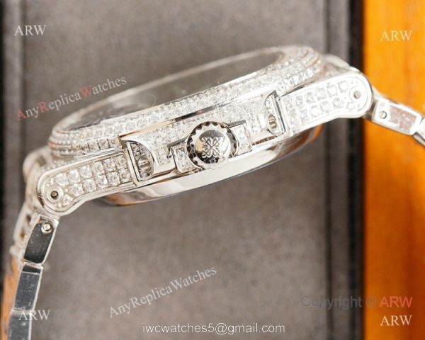 Swiss Grade Patek Philippe Nautilus Iced Out Siver Watch 9015 Ultra-thin Movement