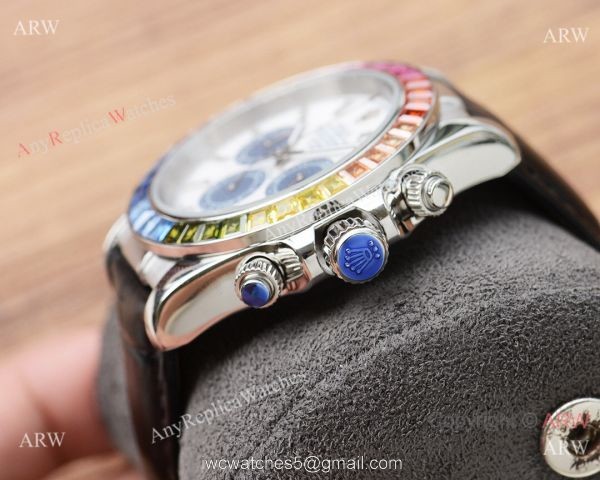 Fake Rolex Daytona Rainbow Watch Leather Band White Dial Japan-quartz