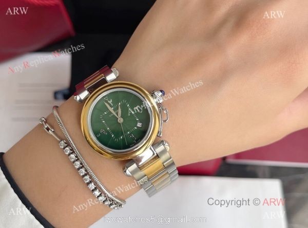 Replica Cartier Pasha Deep Green Dial 2-Tone Gold Watch With Arabic Markers