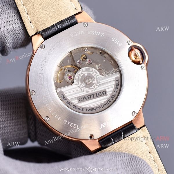 Copy Balloon Blue Cartier Gradient Face Gold Case 42MM Watch Leather Strap