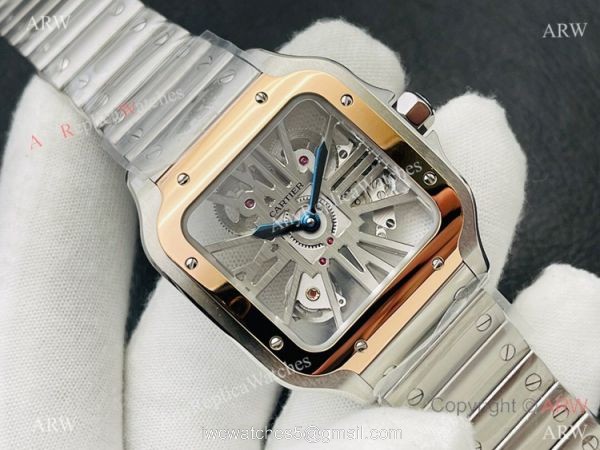 V8 Factory Super Clone Cartier Skeleton Santos Swiss Ronda4S20 Watch Two Tone Rose Gold