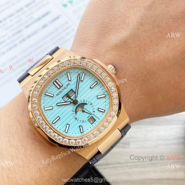 New Clone Patek Philippe Nautilus Annual Calendar Watch Baby Blue Face with Diamonds