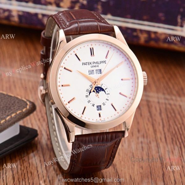 Patek Philippe Perpetual Calendar Rose Gold Case with Brown Leather Strap Watch