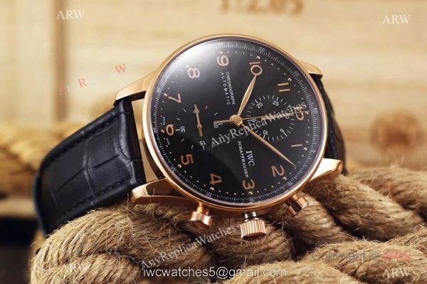 Fake IWC Portuguese Rose Gold Chronograph Watch Black Leather Band
