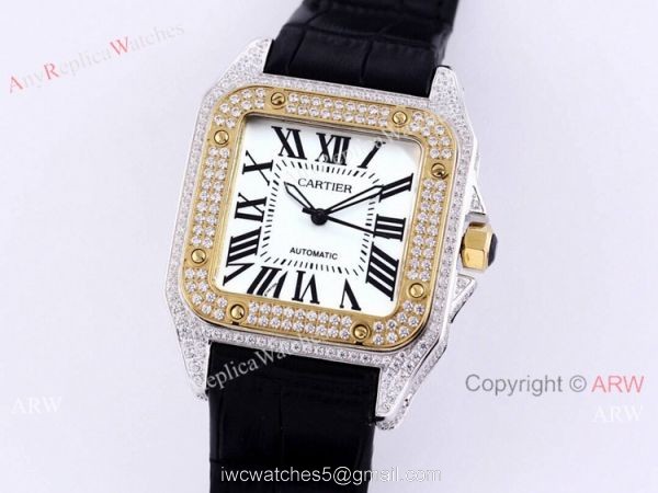 Iced Out Cartier Santos Watch Two Tone Case Automatic Movement