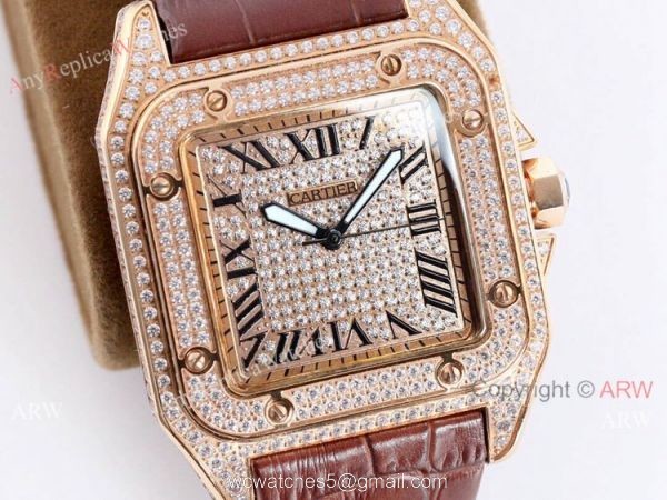Iced Out Cartier Santos Diamond Watch Automatic Brown Leather Strap