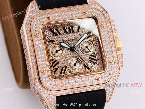 Knockoff Cartier Santos Chronograph Watch Rose Gold Diamond 45mm