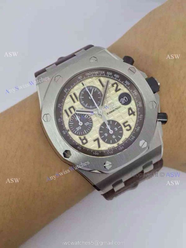 Fake Audemars Piguet Watch SS Yellow Dial Brown Leather Swiss AP