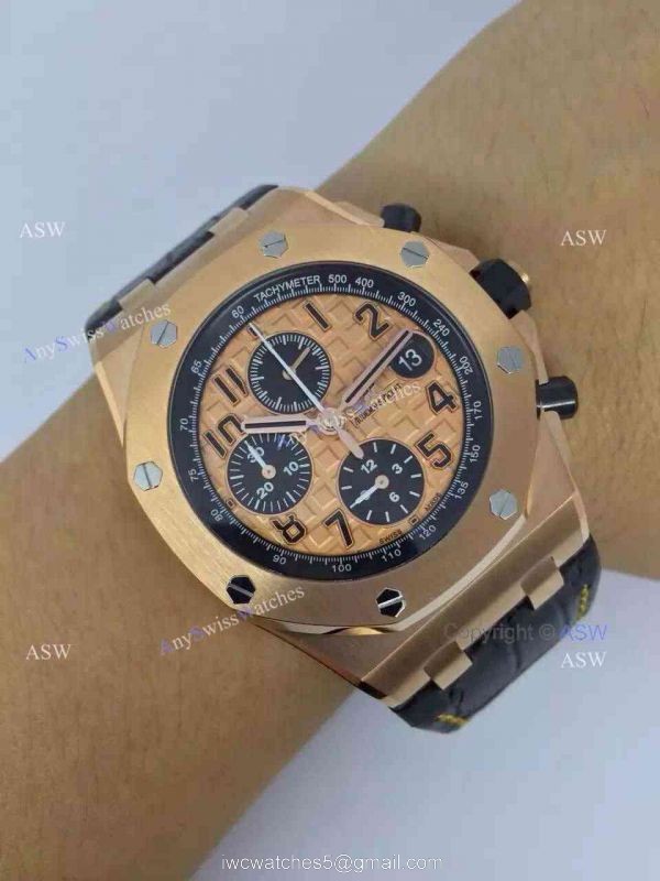 Fake Audemars Piguet Watch Rose Gold Black Leather Mens Watch