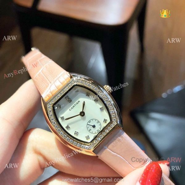 Low Price Cartier Rose Gold Gray Leather Band Ladies Watch 26mm