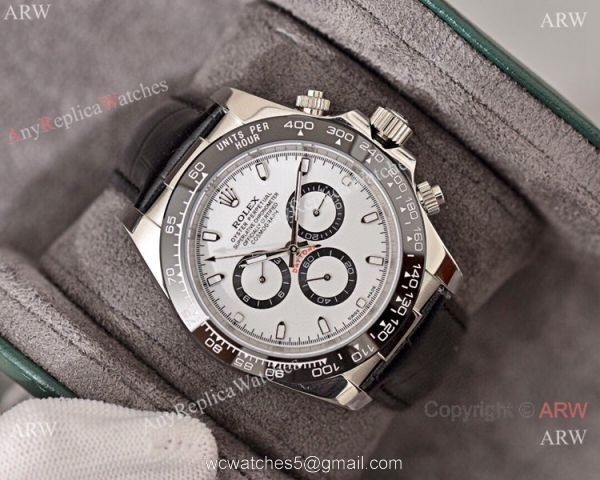 Best Quality Copy Rolex Daytona Watch White Dial Black Leather Strap