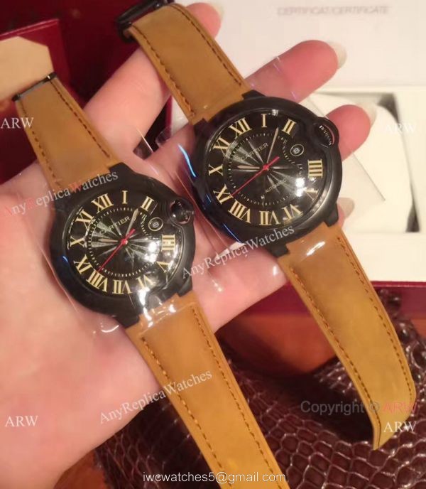 Buy Replica Cartier Ballon Bleu Automatic Watch Brown Leather ADLC coating Case