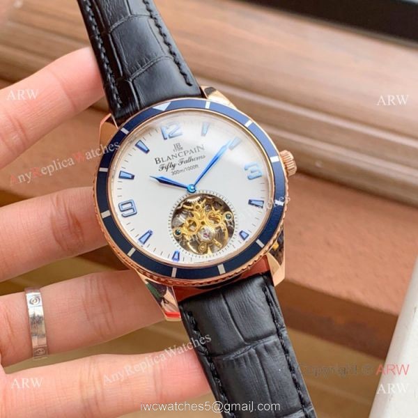 Copy Blancpain Fifty Fathoms Tourbillon Watch Rose Gold Blue bezel