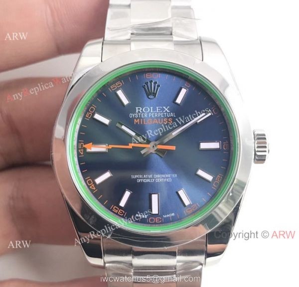 AR Replica Rolex Oyster Perpetual Milgauss SS Blue Dial watch SWISS 3131