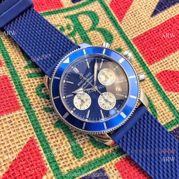 Breitling Superocean 43mm Watch SS Blue Dial Blue Rubber Strap