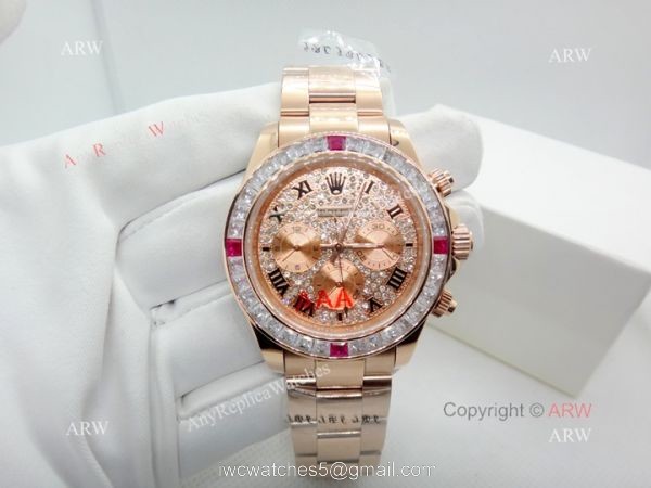 Fake Rolex with Diamond Bezel Daytona Rose Gold Diamond Face Watch
