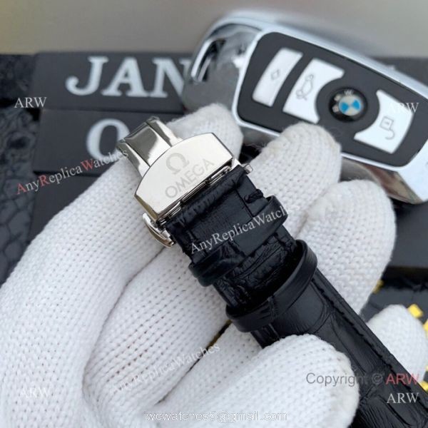 Clone Omega De Ville SS Black Leather Strap Watches 42mm