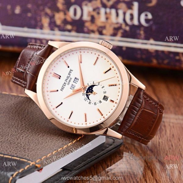 Patek Philippe Perpetual Calendar Rose Gold Case with Brown Leather Strap Watch