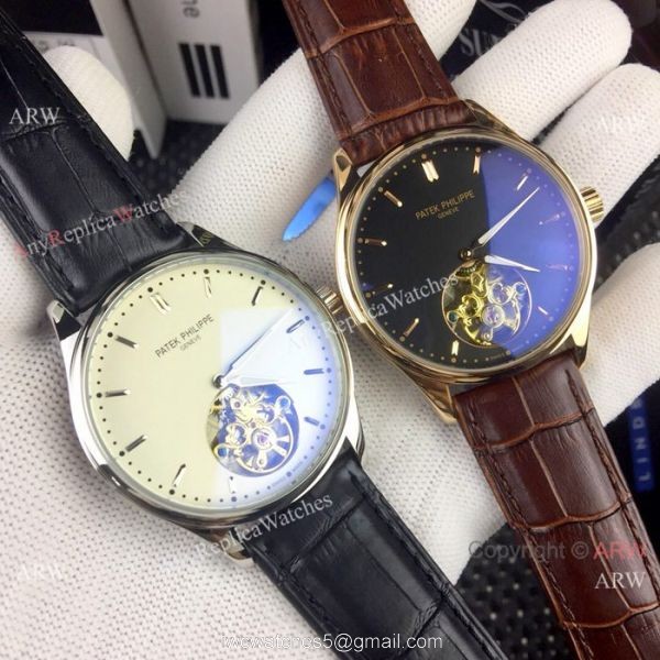 Replica Patek Philippe Tourbillon Calatrava Men Watches SS Black Dial