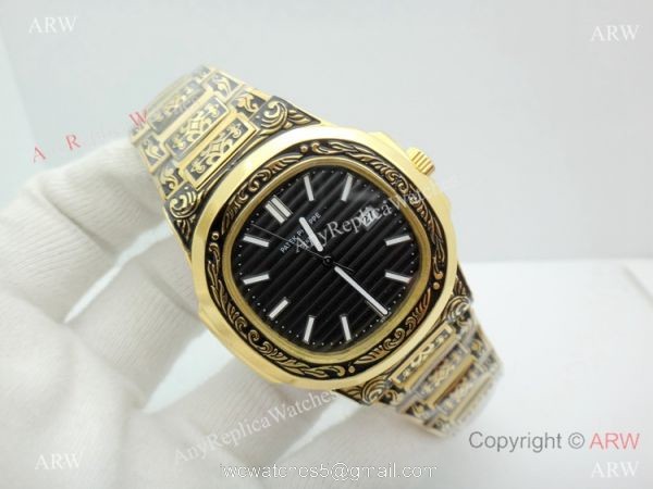 2019 Copy Patek Philippe Engraving Nautilus Watches Yellow Gold Black Dial