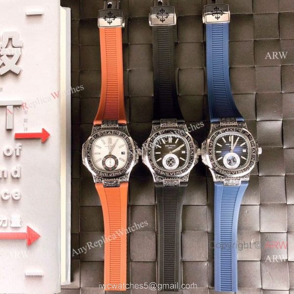 Fake Patek Philippe Engraving Nautilus Blue Rubber Strap Blue Dial