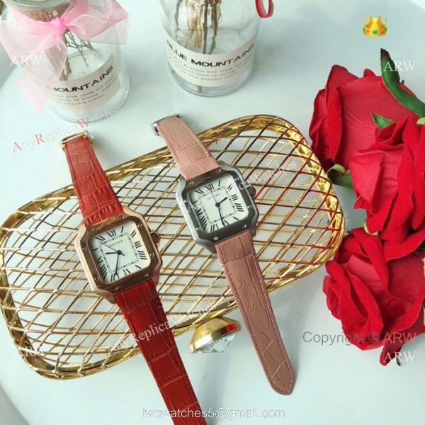 New Style Santos Cartier Watch Lady Pink Leather Strap