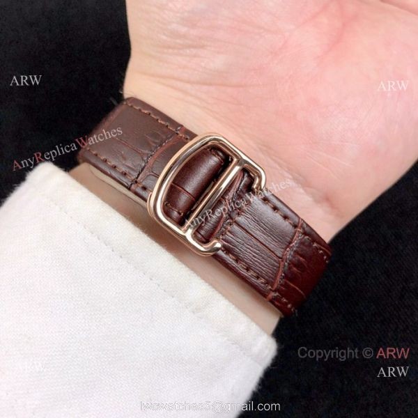 Copy Rotonde de Cartier Moonphase Watches Rose Gold Leather Strap
