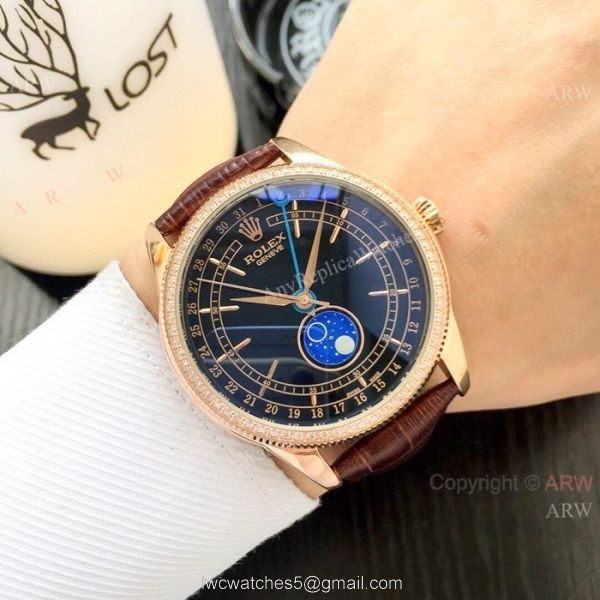 Baselworld Replica Rolex Cellini Moon phase Watches Rose Gold Blue Stick