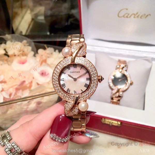 Swiss Quality Cartier Ladies 33mm Watch Rose Gold Sapphire Glass