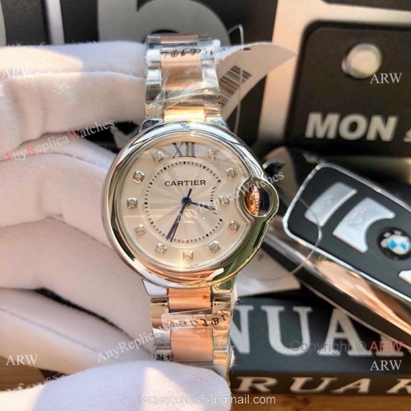 Cartier Ballon Bleu 33mm 2-Tone Rose Gold Silver Dial Womens Fake Cartier Watch