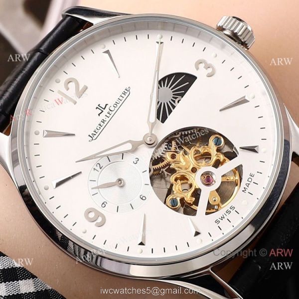 Fake Jaeger LeCoultre Tourbillon White Dial Black Leather Band Watch 42mm