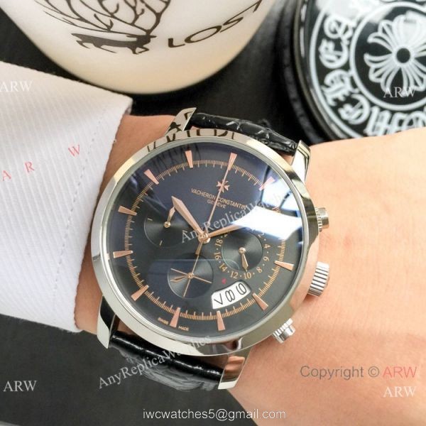 Best Copy Vacheron Constantin Chronograph Watch Silver Dial Black Leather strap