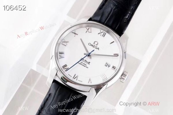 Swiss Grade 1 Omega De Ville Co Axial White Dial Leather Strap Watch VS Factory
