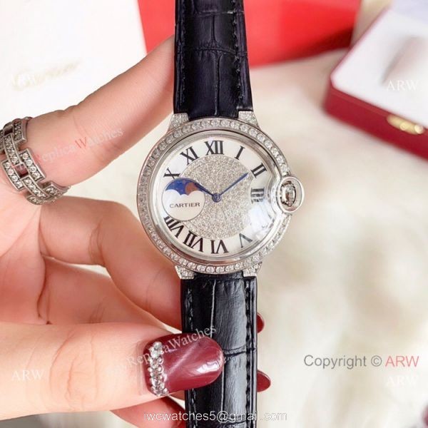 Ballon Bleu de Cartier 36mm Replica Watches Gold Diamond Green Leather Band