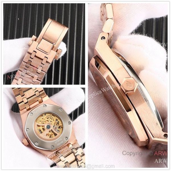 High Quality Fake AP Skeleton Royal Oak Rose Gold Black Dial Watch