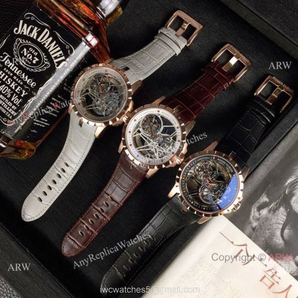 Copy Roger Dubuis Excalibur Flying Tourbillon Watches SS Gray Leather Strap