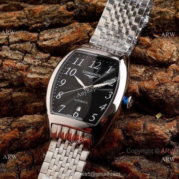 Copy Longines Evidenza Men Watches Black Dial Black Leather Strap