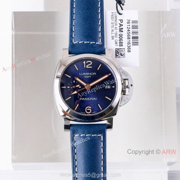 (VS) Copy Panerai Luminor 1950 GMT Blue Dial PAM 688 Watch Swiss Panerai Bracelet