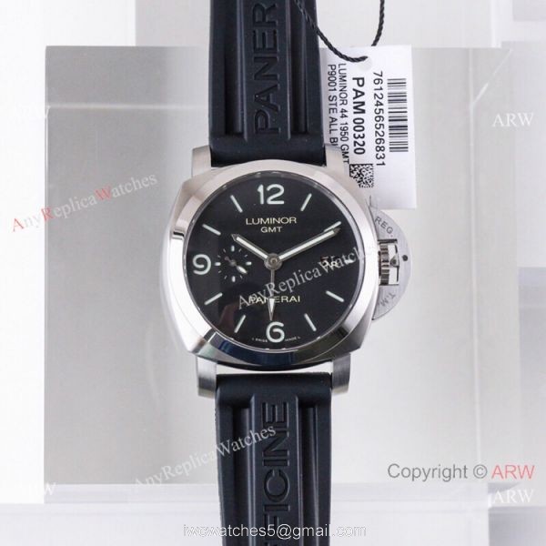 (VS) Super Clone Panerai Luminor 1950 GMT 44mm Watch Black Dial Rubber Strap