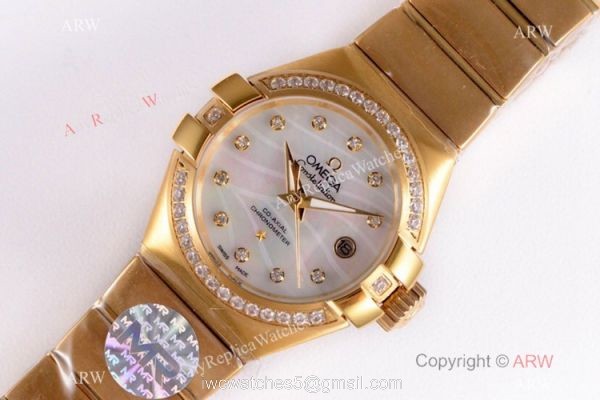 Swiss Replica Omega Constellation 27mm Watch Yellow Gold Pink MOP Dial