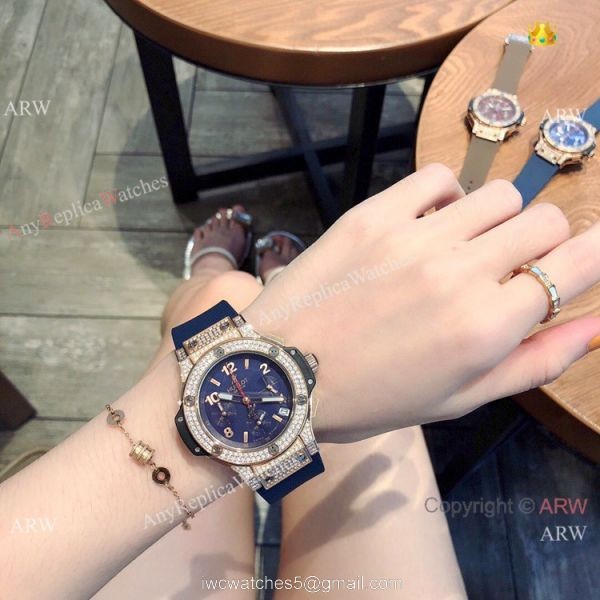 Copy Hublot Big Bang Rose Gold Diamond Blue Dial Watches